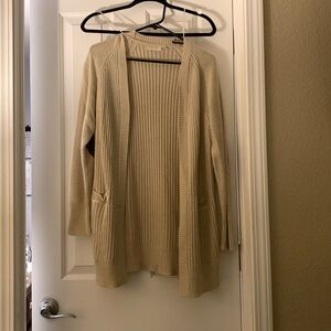 Cream knit dad cardigan with suede elbow pads S